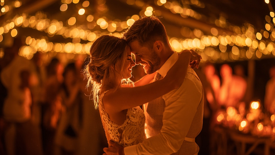 Wedding celebration with couple dancing