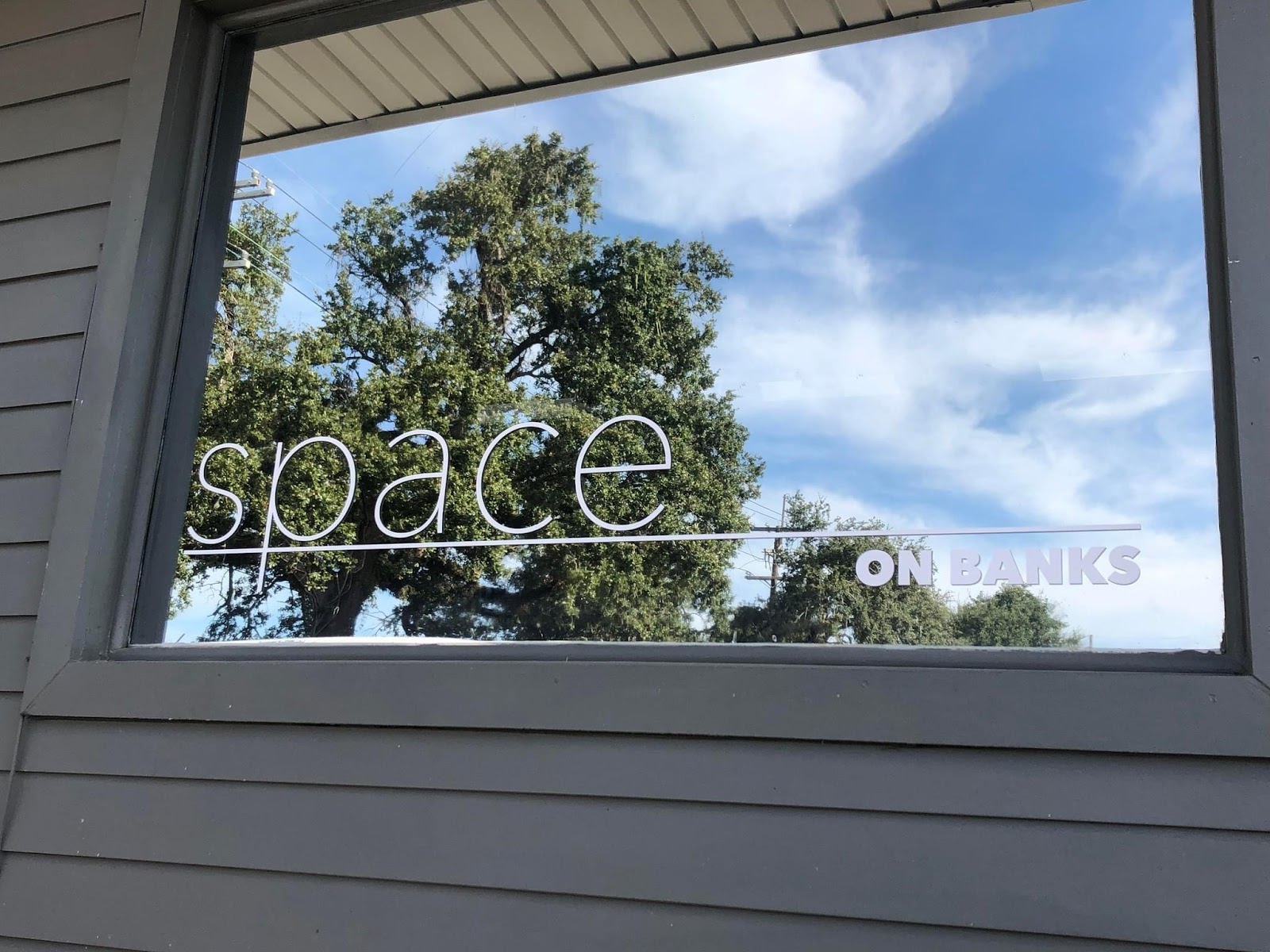 Space on Banks window signage reading space on banks in white lettering with oak tree and blue sky reflected in glass