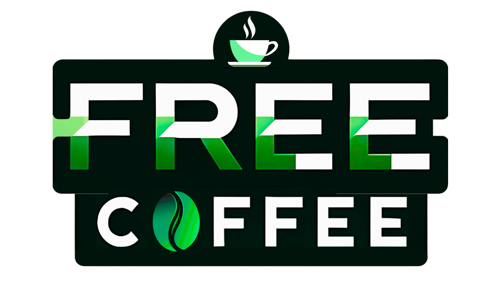 Free Coffee bold graphic logo with black and green block lettering, steaming coffee cup icon, and coffee bean replacing the O