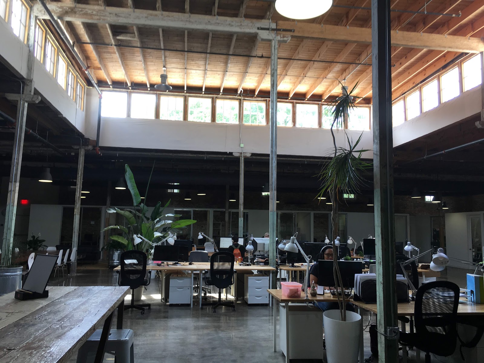 The Warehouse converted space with soaring wood-beam ceilings, clerestory windows, rows of open desks with task lamps, and tropical plants